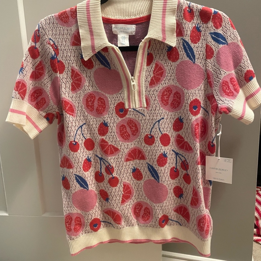 Cynthia Rowley Cherry/Strawberry Patterned Zip Polo Shirt